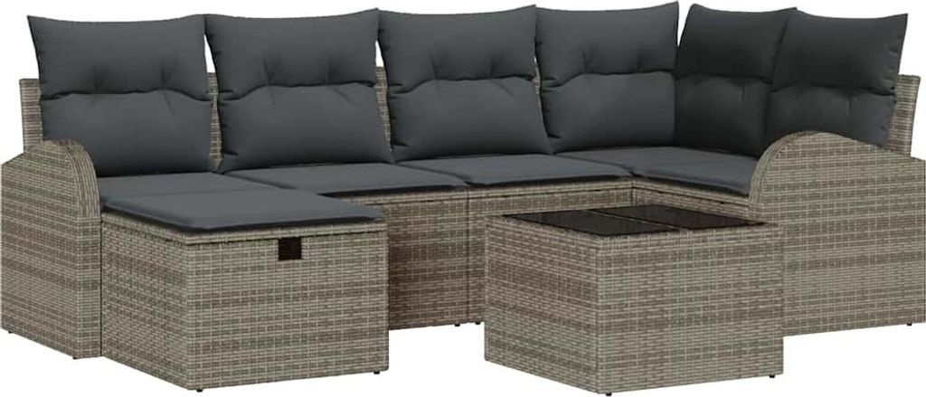 Garten-Sofa-Set mit Kissen mit Speicher 7 pcs Grau Poly Rattan
