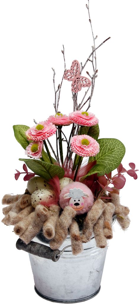 Osterdeko Frühlingsdeko Eimer mit Bellis rosa u. Schafmotiv Creaflor Home WA