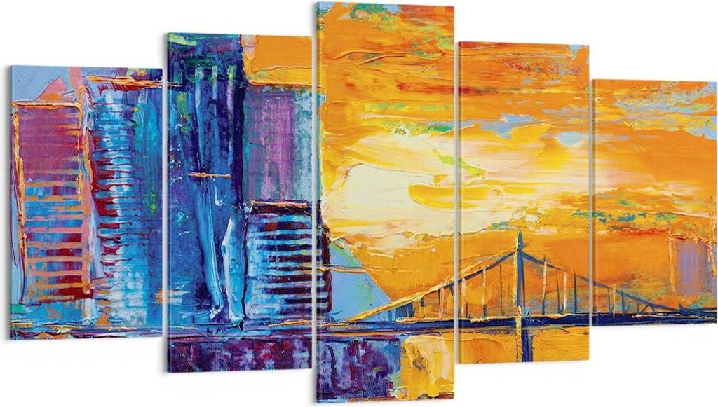 Bild auf Leinwand - Leinwandbild - 5 Teile - Stadt Brücke pastos - 160x85cm - Wand Bild - Wanddeko - Wandbilder - Leinwanddruck - Bilder - Wanddek...