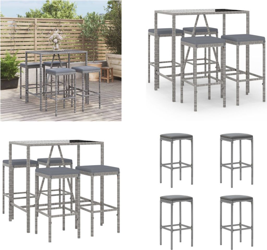 vidaXL 5 tlg. Gartenbar Set mit Kissen Grau Poly Rattan - Gartenbar Set - Gartenbar Sets - Garten Bar Set - Gartenbar