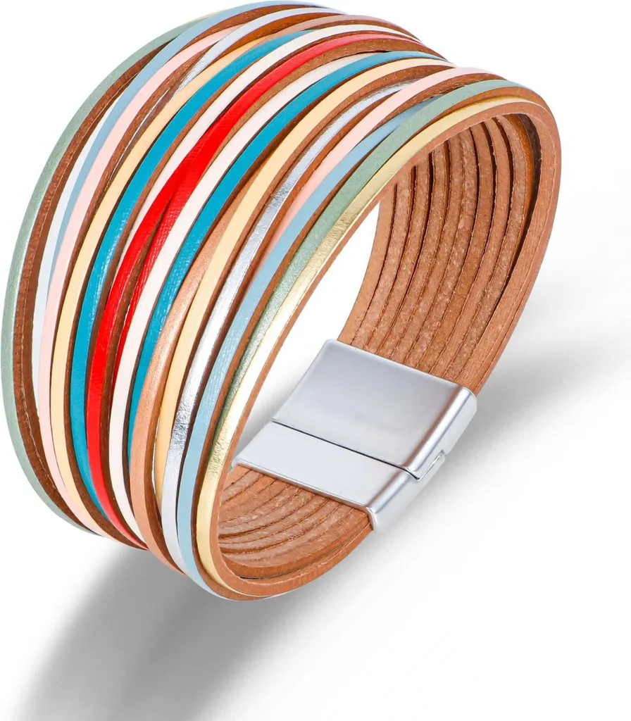 Bracelet femme cuir tressé arc-en-ciel 19 cm avec fermoir magnétique