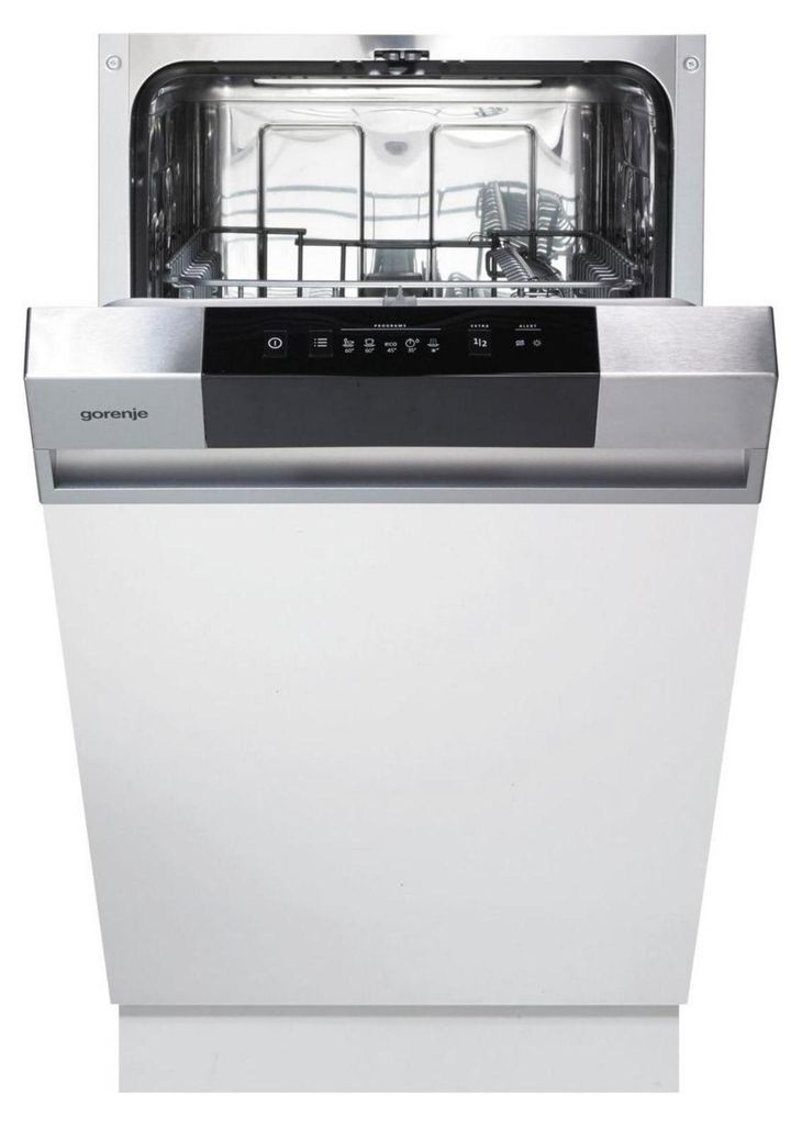 A front view of a Gorenje built-in dishwasher with the door open, showing the interior racks and control panel.