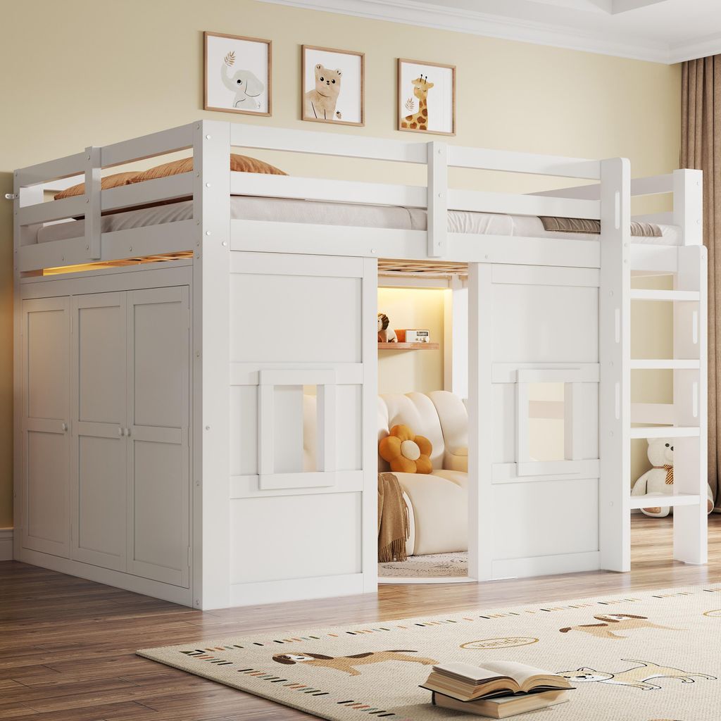 okwish Hochbett 140x200 Jugendbett mit integriertem Kleiderschrank Einzelbett mit LED-Beleuchtung Holzbett mit 2 Fenstern und Sicherheitsgeländer ...