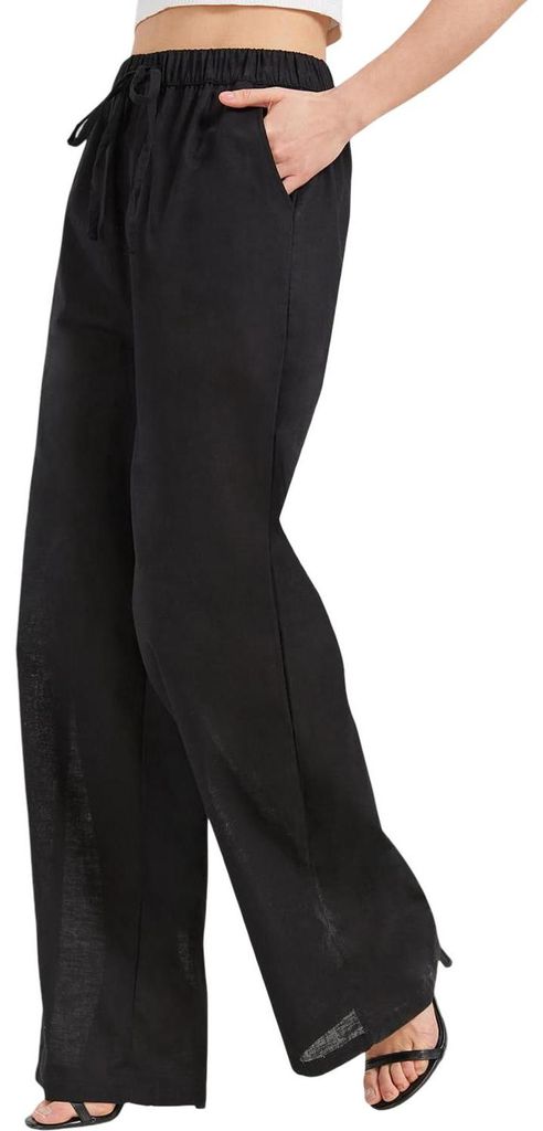 Zylioo Damen Hose Lang Leinen Sommer Weites Bein Baumwolle Leinen Schwarz XL