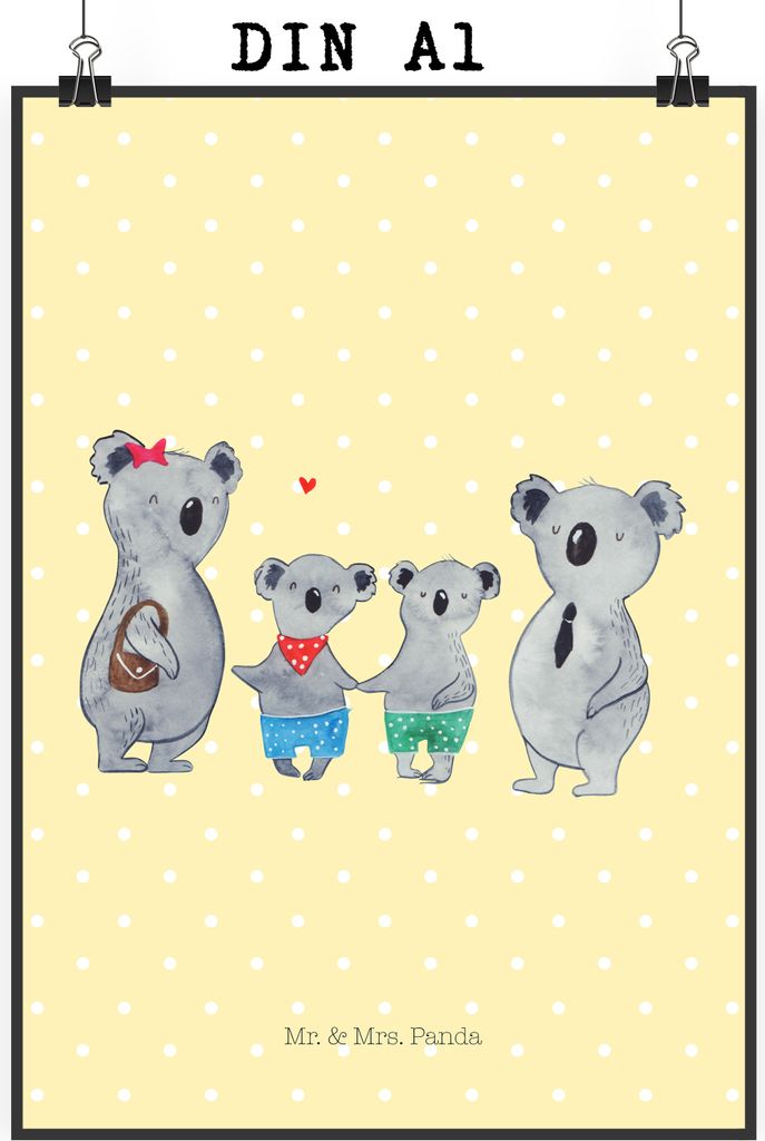 Mr. & Mrs. Panda Bild Koala Familie zwei DIN A1 - Gelb Pastell - Geschenk, Muttertag, Zusammen, Plakat, kunstdruck poster, drucke, wanddeko, Famili...