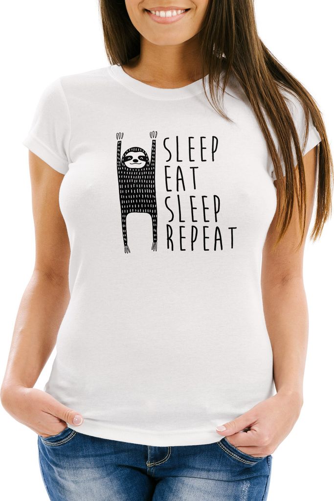 Damen T-Shirt "Sleep Eat Sleep Repeat" Faultier Spruch Fun-Shirt Moonworks weiß XS