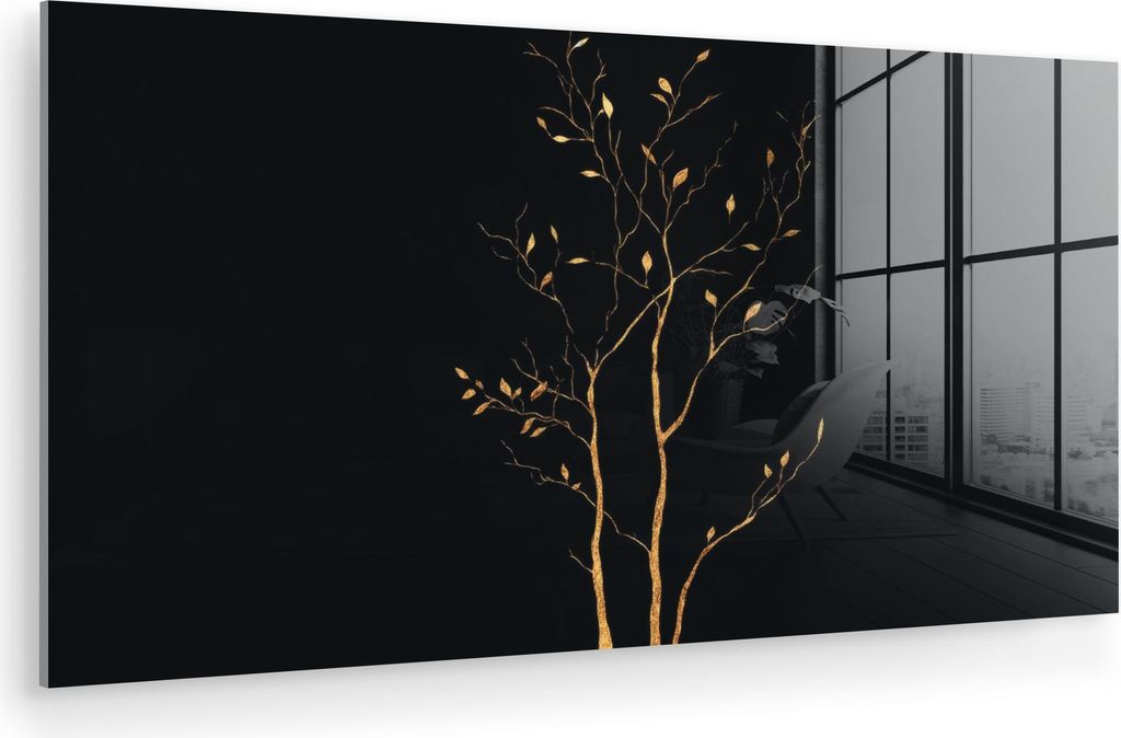 MuchoWow Glasbilder - Bilder auf Wandbild - Foto auf Glas Äste - Blätter - Schwarz 120x60 cm Wanddekoration aus Glas - Acrylglasbild - Acrylbilde...