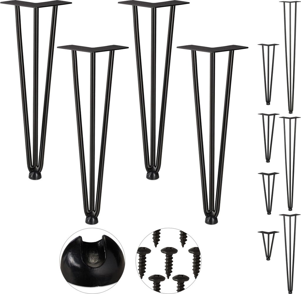 Hairpin-Poten - 4 Stück - 3 Stützen - Metall - 40 cm - Schwarz