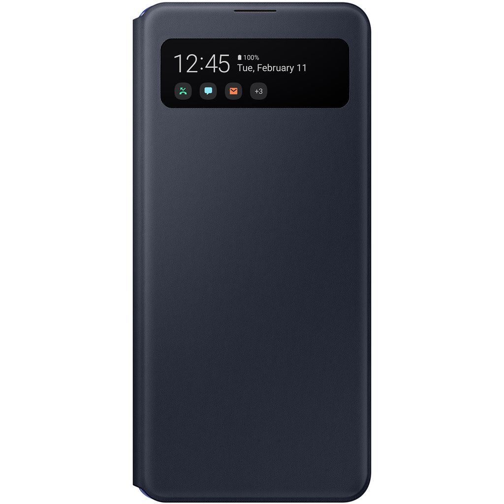A dark blue Samsung flip case for a smartphone, with the time and date displayed on the transparent window.