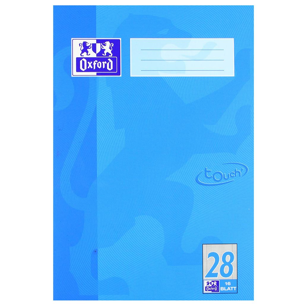 A blue Oxford notebook with a camouflage pattern and branding.