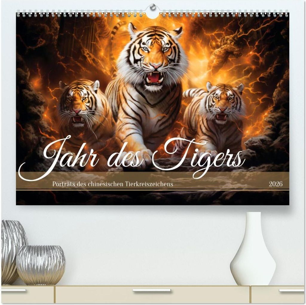 Jahr des Tigers - Porträts des chinesischen Tierkreiszeichens (hochwertiger Premium Wandkalender 2026 DIN A2 quer), Kunstdruck in Hochglanz