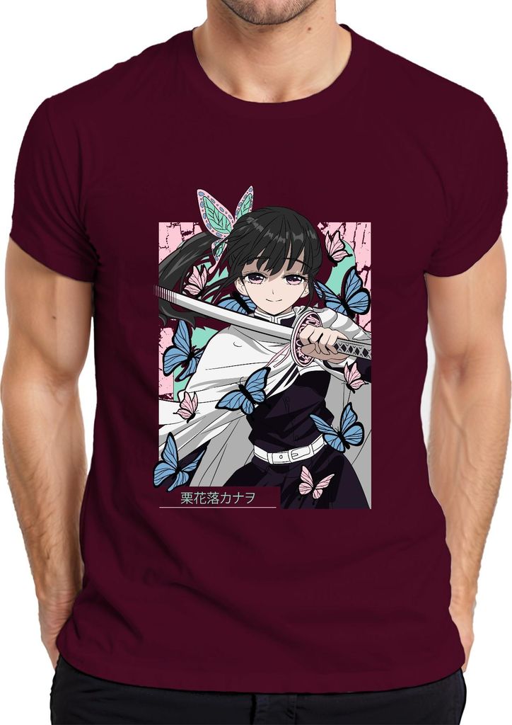 Kanao Tsuyuri Anime Schmetterlinge Katana Manga Geschenk Damen Herren T-Shirt, Burgundy, XXL
