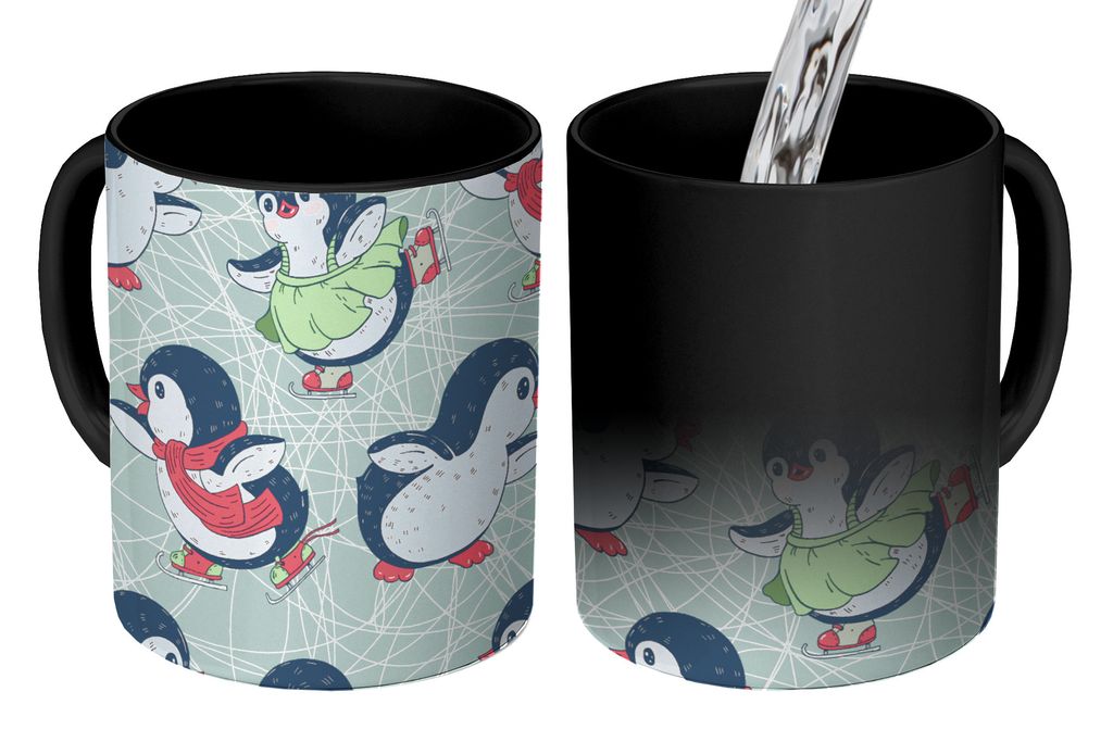 KitchenYeah Zauber Tasse Zaubertasse Magic Pinguin - Schlittschuhe - Design 350 ml Farbwechsel Becher Geschenk Geschenkidee - Magic-Tasse - Fotot...
