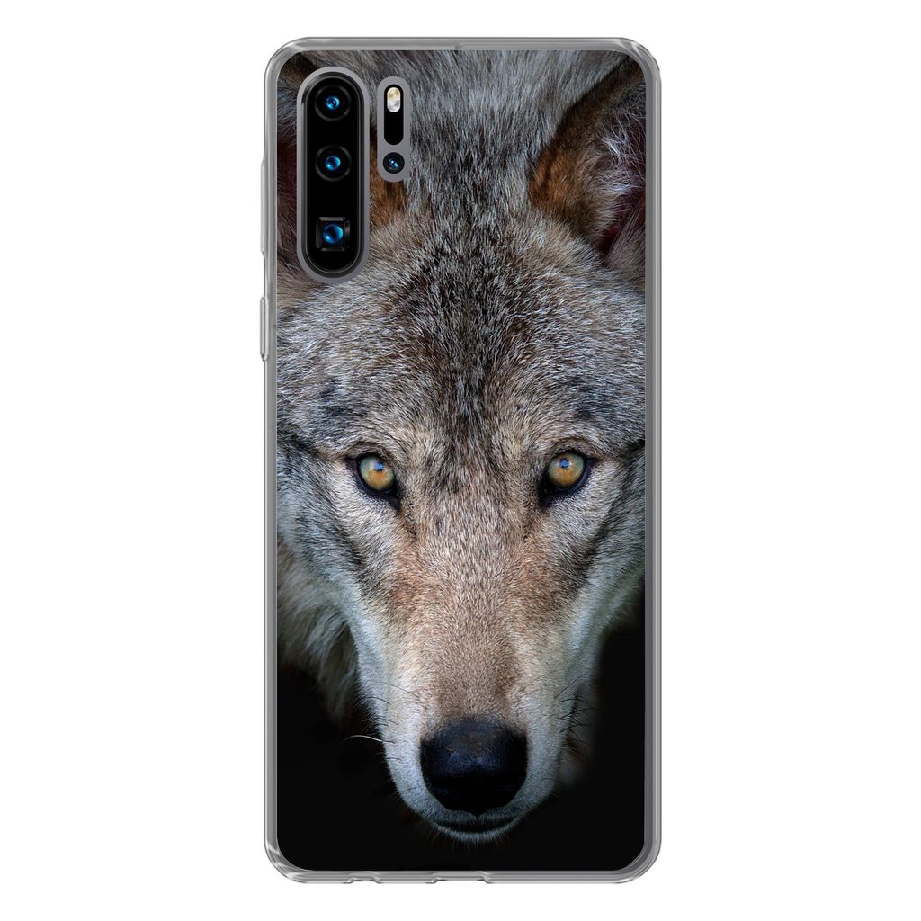 MuchoWow Handyhülle Schutzhülle Hülle für Huawei P30 Pro Wolf - Porträt - Schwarz Silikon Softcase Handy Hülle - Schutzdeckel