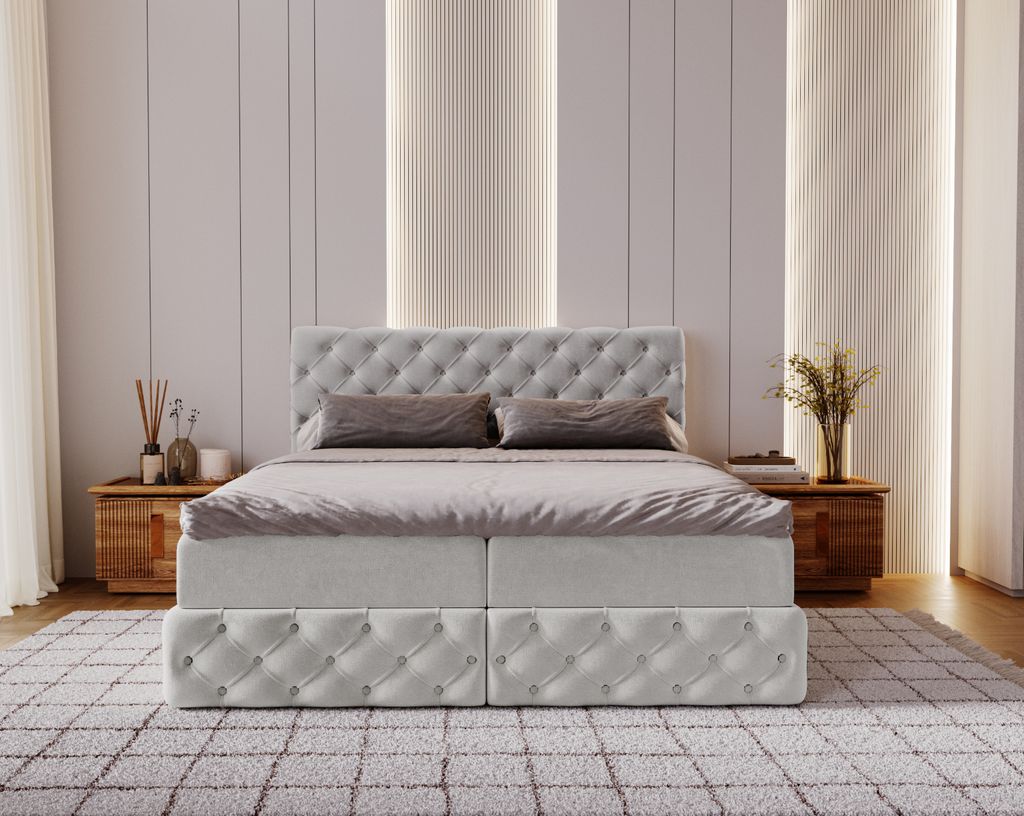 Kaiser Möbel Chesterfield-Kontinentalbett Luxury Stoff Royal Velvet Silber 180x200 cm