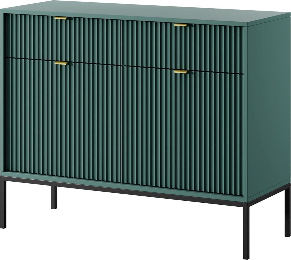 Komodee, Kommode NANAIMO KSZ104 - Grün - Goldene Griffe - 2 Schubladen - Breite 104 cm, Höhe 83 cm, Tiefe 39 cm