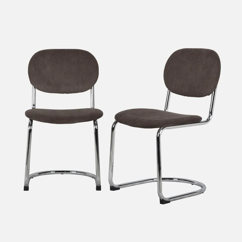 Set 2 sedie arrotondate metallo, velluto a coste e gambe cromate, Marrone chiaro