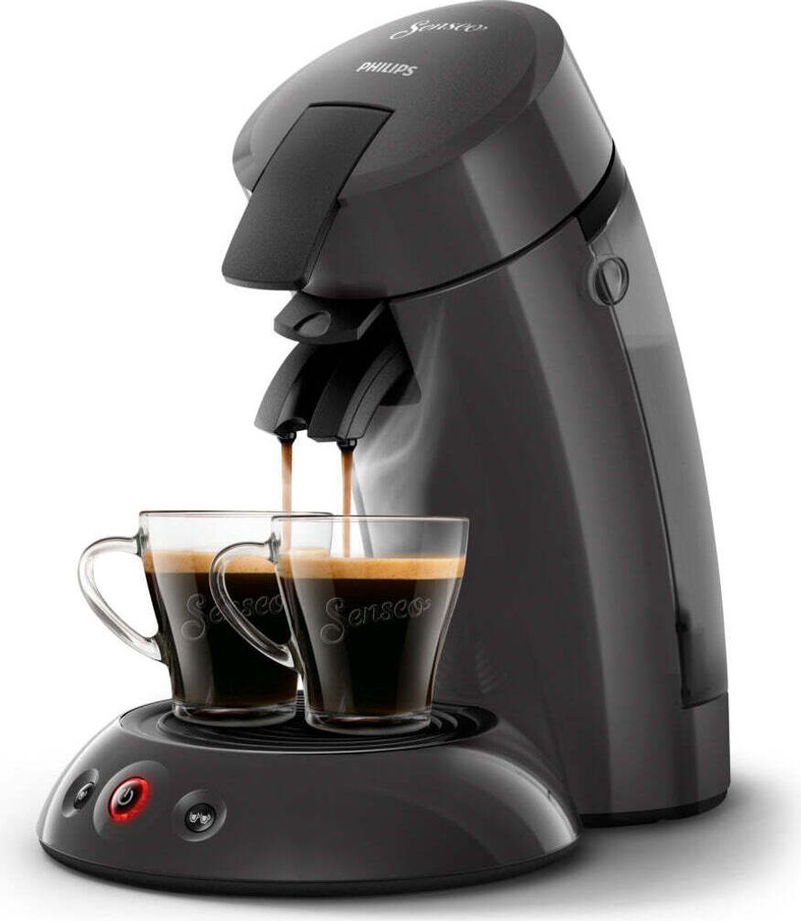 A dark gray Philips Senseo coffee machine brewing coffee into two clear glass mugs.