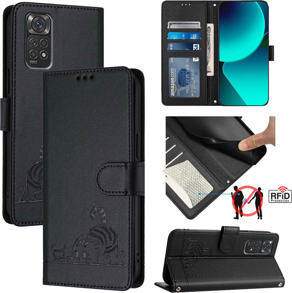 Leder Hülle für Xiaomi Poco M4 Pro 5G Süße Katze Flip Case Brieftasche Schutzhülle mit Standfunktion Schwarz
