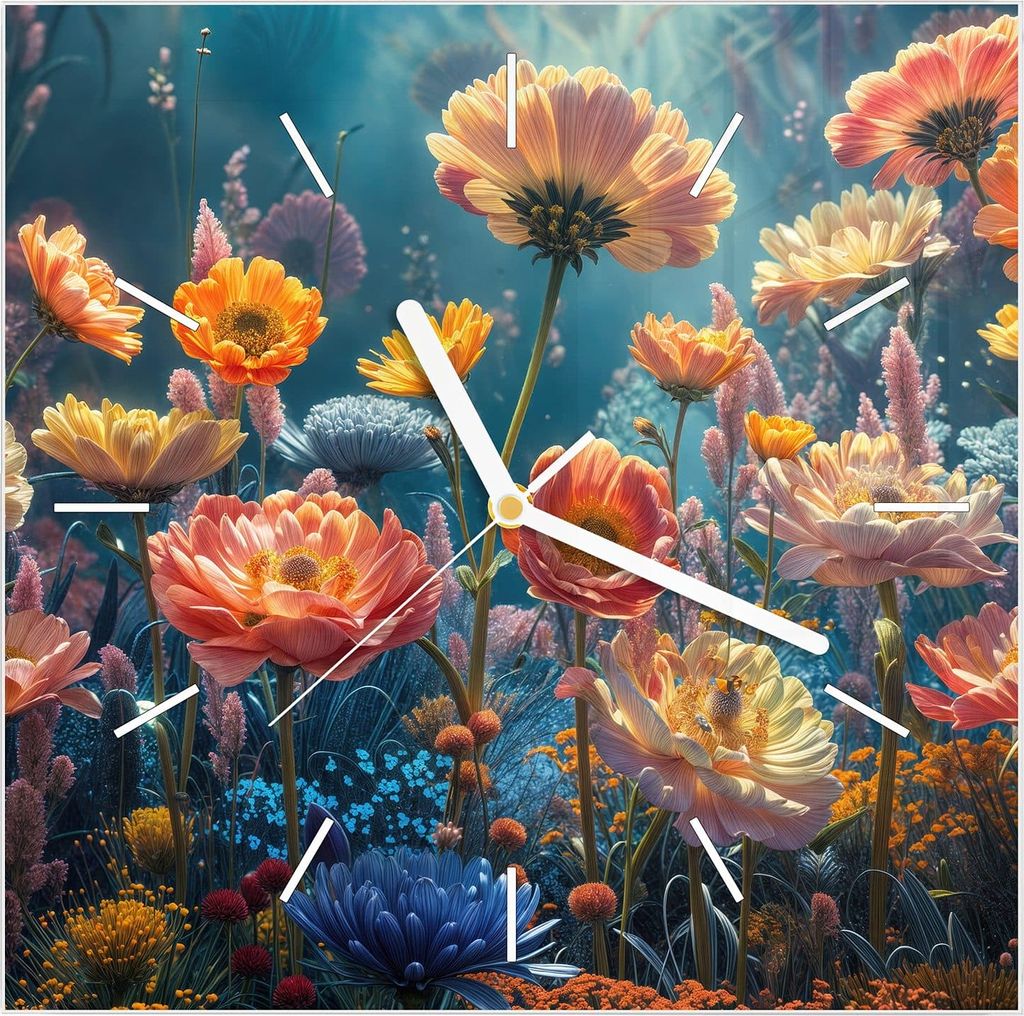Wanduhr aus Glas mit Motiv Blumengarten- 30 x 30 cm - inkl. Aufhängesystem