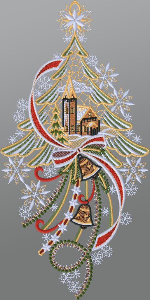 Fensterbild aus Plauener Spitze - Kirche mit Tannenbaum und Glocken (Bx H) 20cm * 28cm mehrfarbig Fensterdekoration Fensterschmuck