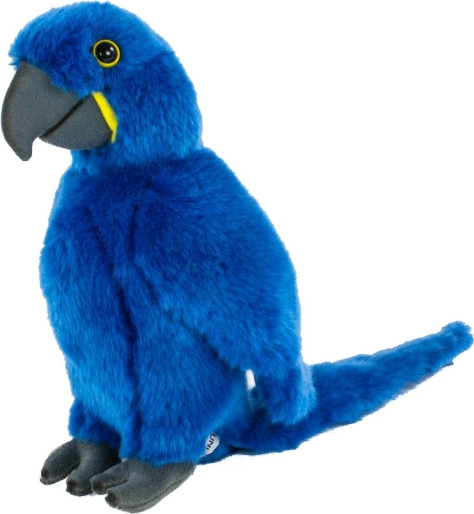 A plush toy parrot sitting on a white background.