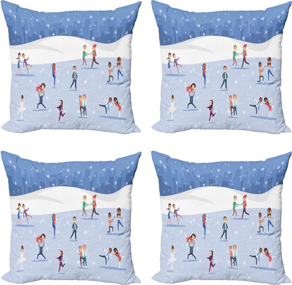 ABAKUHAUS Schlittschuhe Kissenbezug Set (4 Stück), Die Leute auf der Eisbahn, Moderner Doppelseitiger Digitaldruck, 40 cm x 40 cm, Mehrfarbig