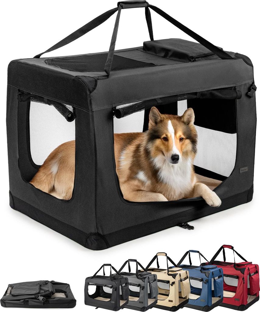 lionto Hundetransportbox faltbar, stabile Stoffbox mit Mesh-Einsätzen, ideal für Auto, Reise & Tierarzt, 90x61x65 cm, schwarz