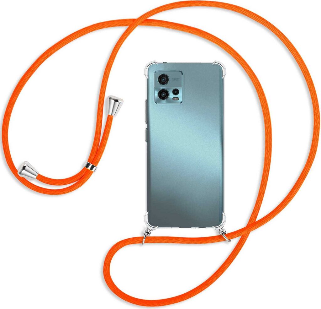 Handykette Backcover-Schutzhülle mit Band (Metall silberfarben) für Motorola Moto G72 (6.55'') - neonorange