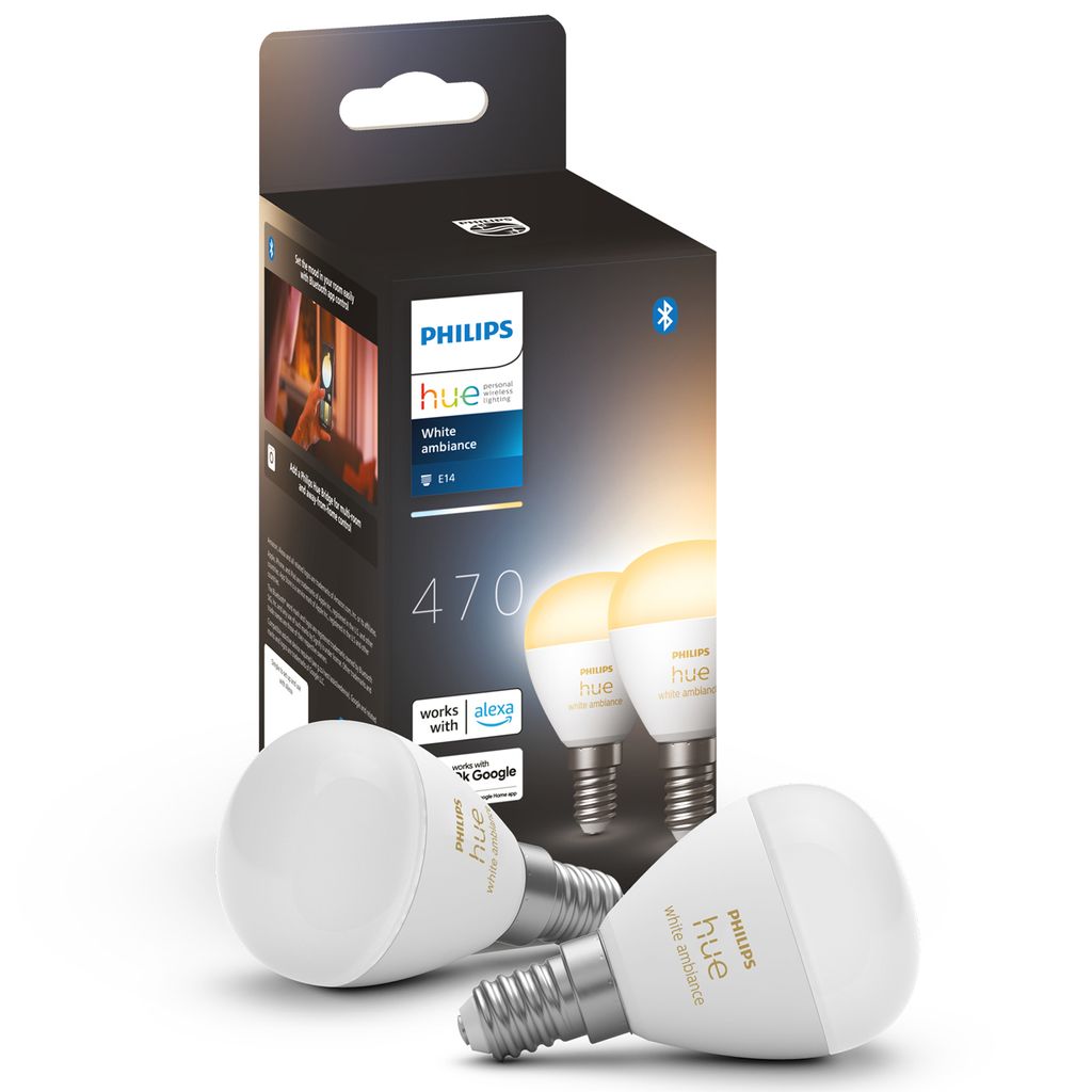 Philips Hue White ambience E14 - Smarte Lampe Tropfenform Doppelpack - 470, Intelligentes Leuchtmittel, Bluetooth, Weiß, LED, E14, P45