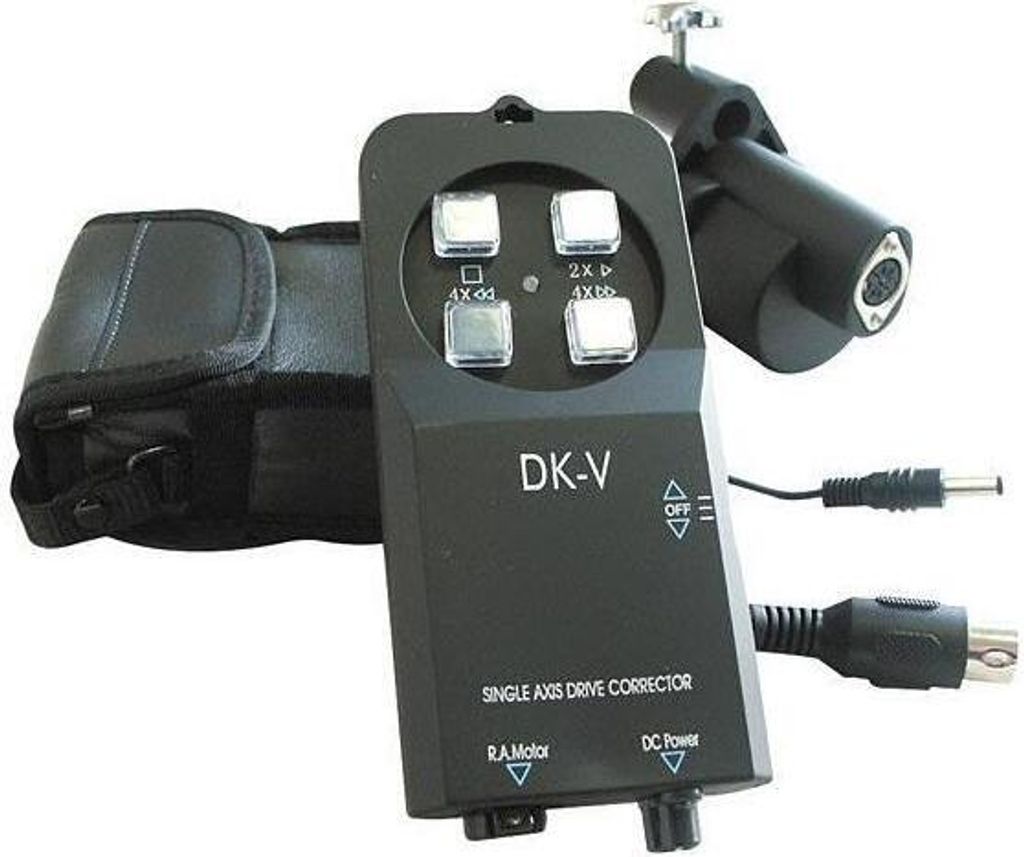 A black electronic device with buttons and cables, along with a black fabric pouch, is displayed against a white background.