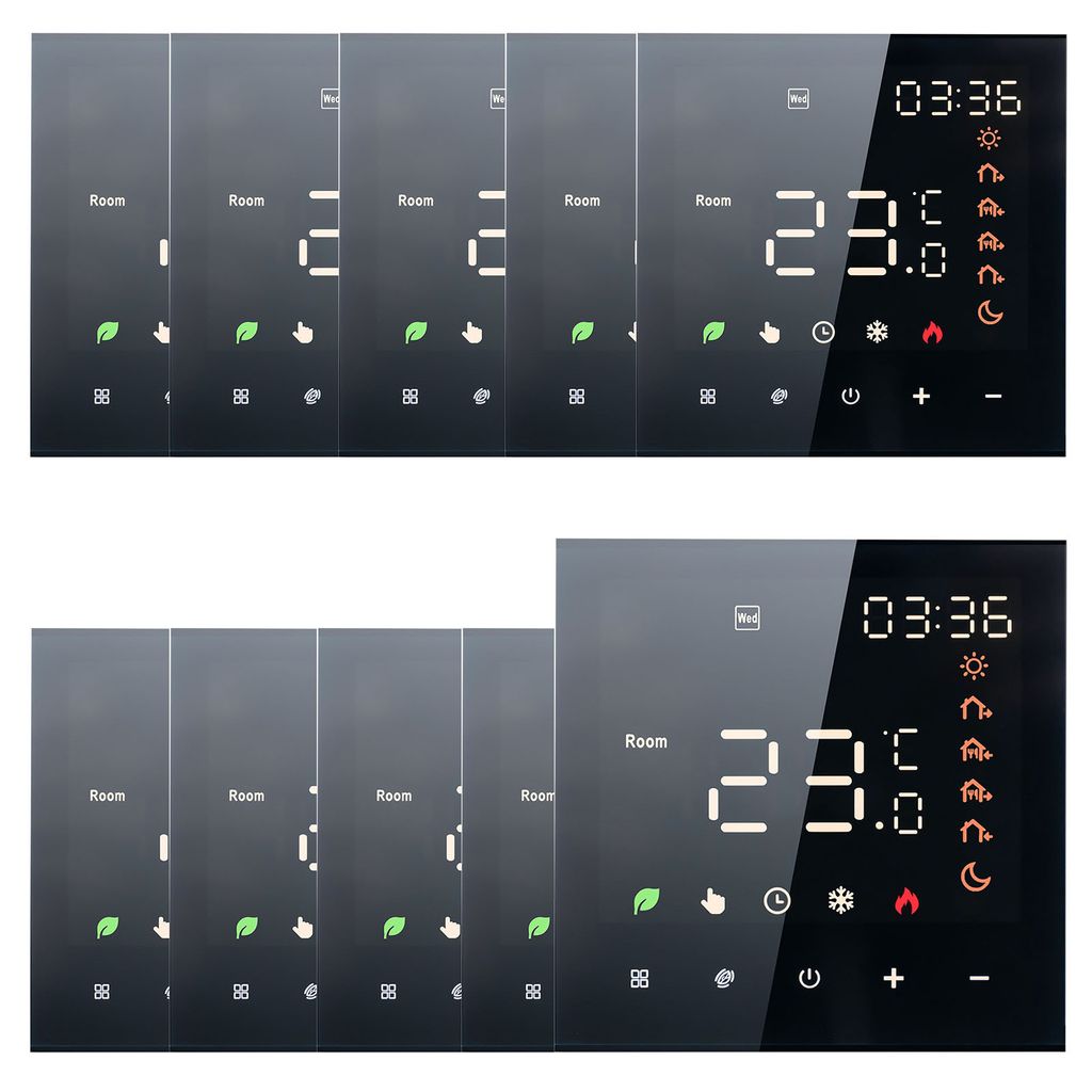 Multiple images of a digital thermostat display, showing time, temperature, and various icons.