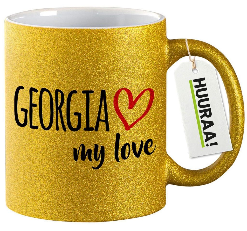 Huuraa Glitzertasse Georgia my love 330ml Gold Keramik Kaffeebecher Geschenkidee