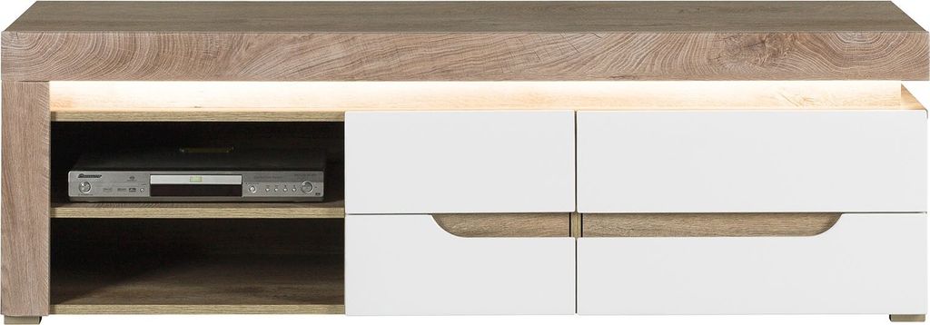 Furniture24 Lowoard Irma IM2 Tv Schrank Unterschrank Fernsehschrank mit 2 Türen und Led Beleuchtug Eiche/Weiß Hochglanz