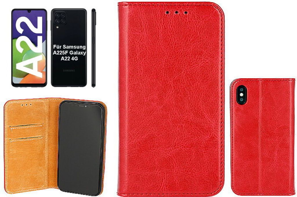 OLLI BookCase - für Samsung A225F Galaxy A22 4G - aus handgefertigtem, rotem Echtleder