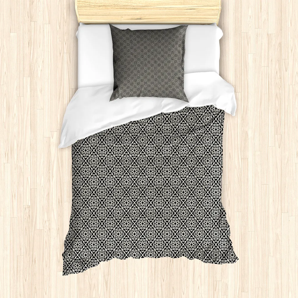 ABAKUHAUS Set copripiumino marocchino per letti singoli, motivo floreale geometrico ripetuto, antiacaro, adatto a chi soffre di allergie, con federa, 135 cm x 200 cm - 80 x 80 cm, color guscio d'uovo grigio antracite