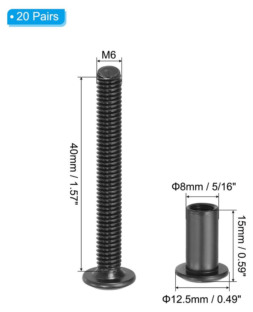 20 Stš¹ck M6x40mm Sechskant Verbindungsschraube mit Hš¹lsenschrauben Hš¹lsenmutter, Kohlenstoffstahl Verbindungsschrauben Set fš¹r Holzbret...