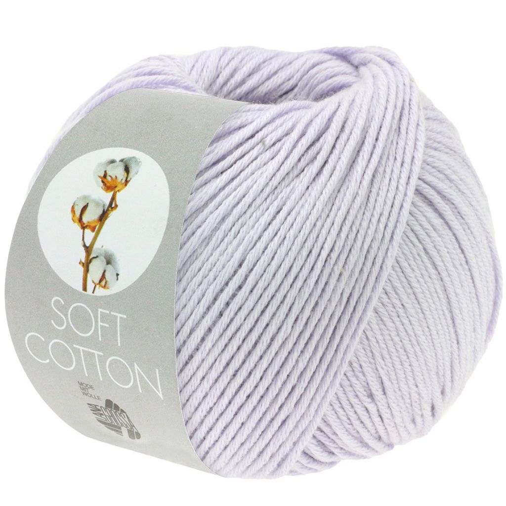 A ball of lavender yarn with a label showing cotton branches.