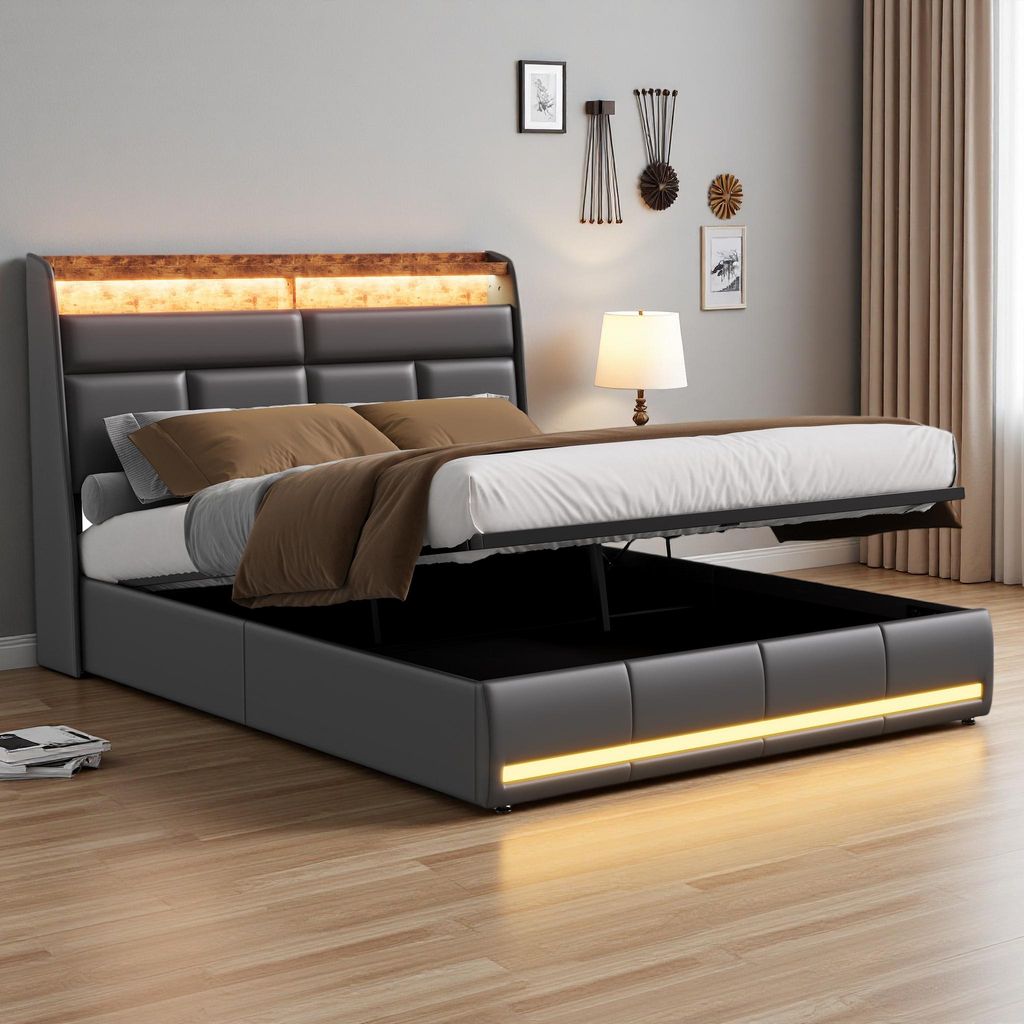 Fortuna Lai Polsterbett 140x200 cm, LED, USB, Stauraum, Lattenrost, Jugendbett aus Kunstleder, Schwarz