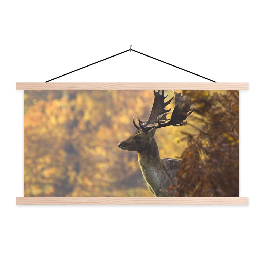 MuchoWow Textilposter Hirsche - Geweihe - Herbst 120x60 cm mit holzfarbenen Rahmen - Klemmleiste