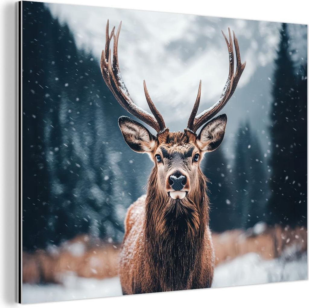 MuchoWow Wanddekoration Metall Metallbild Wandkunst 40x30 cm Hirsche - Tiere - Landschaft - Winter - Schnee MuchoWow Aluminium Gemälde - Dekoratio...