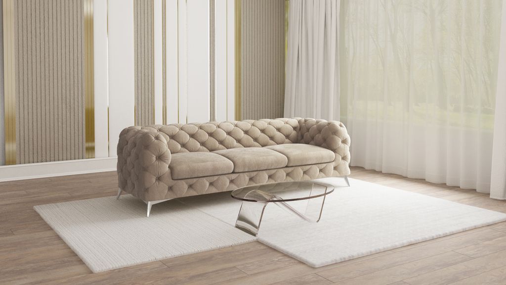 S-STYLE MÖBEL - Chesterfield Sofa 3-Sitzer Cleo mit Silber Metall Füßen aus Dunkle Creme Samtstoff, B/T/H: 243 cm/ 100 cm/ 75 cm