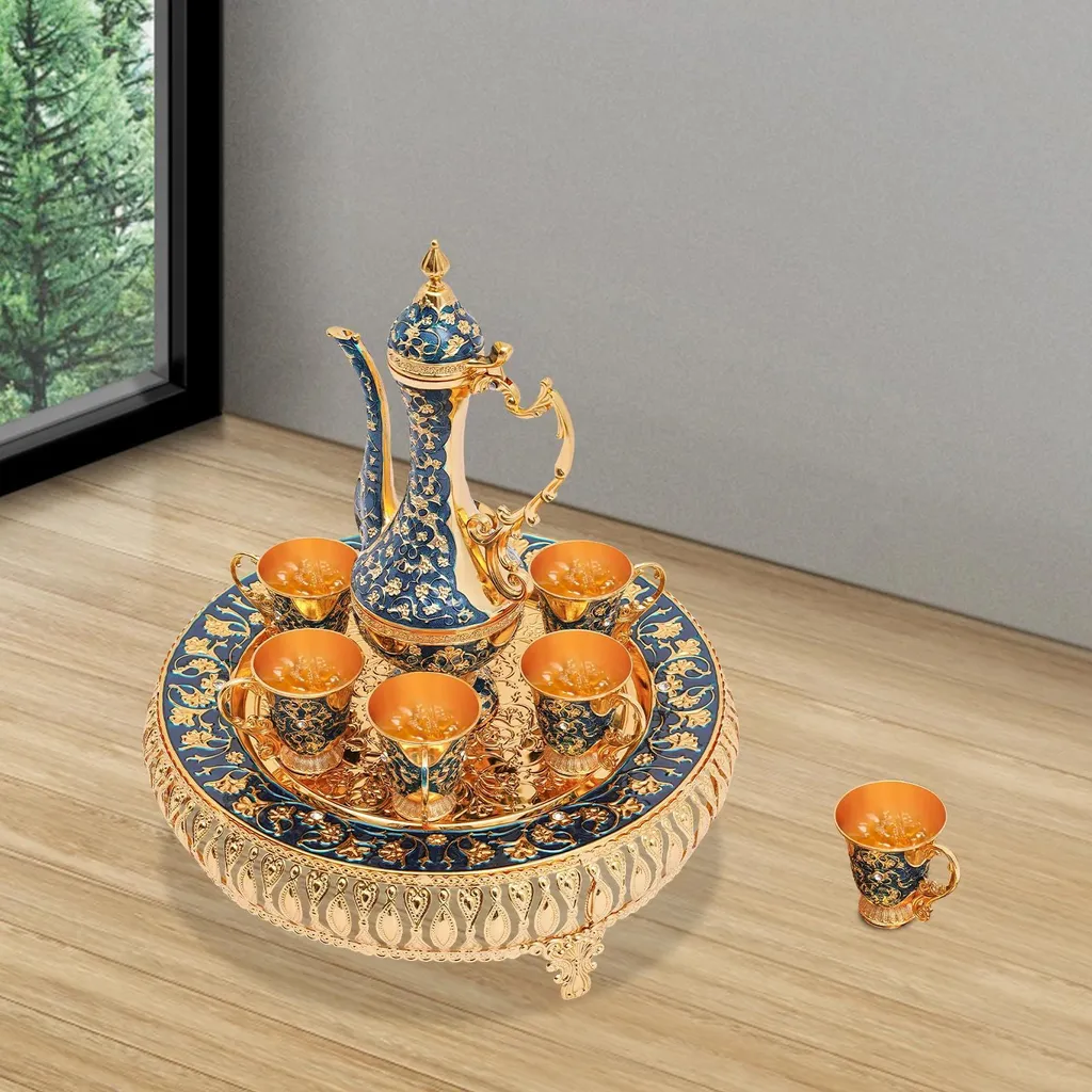 Set Tè Turco Vintage Blu Oro - Teiera e 6 Tazze in Metallo Pregiato