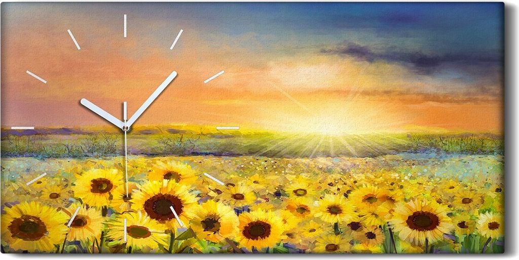 Wandbild Leinwand Bilder mit Uhr 60x30 Ölgemälde Blumenfeld Sonnenblumen - weiße Hände
