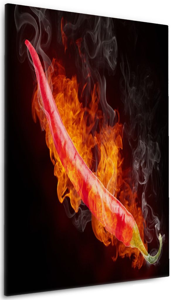 Wallario Premium Leinwandbild Heiße, brennende Chili-Schote vor schwarzem Hintergrund in Größe 60 x 90 cm