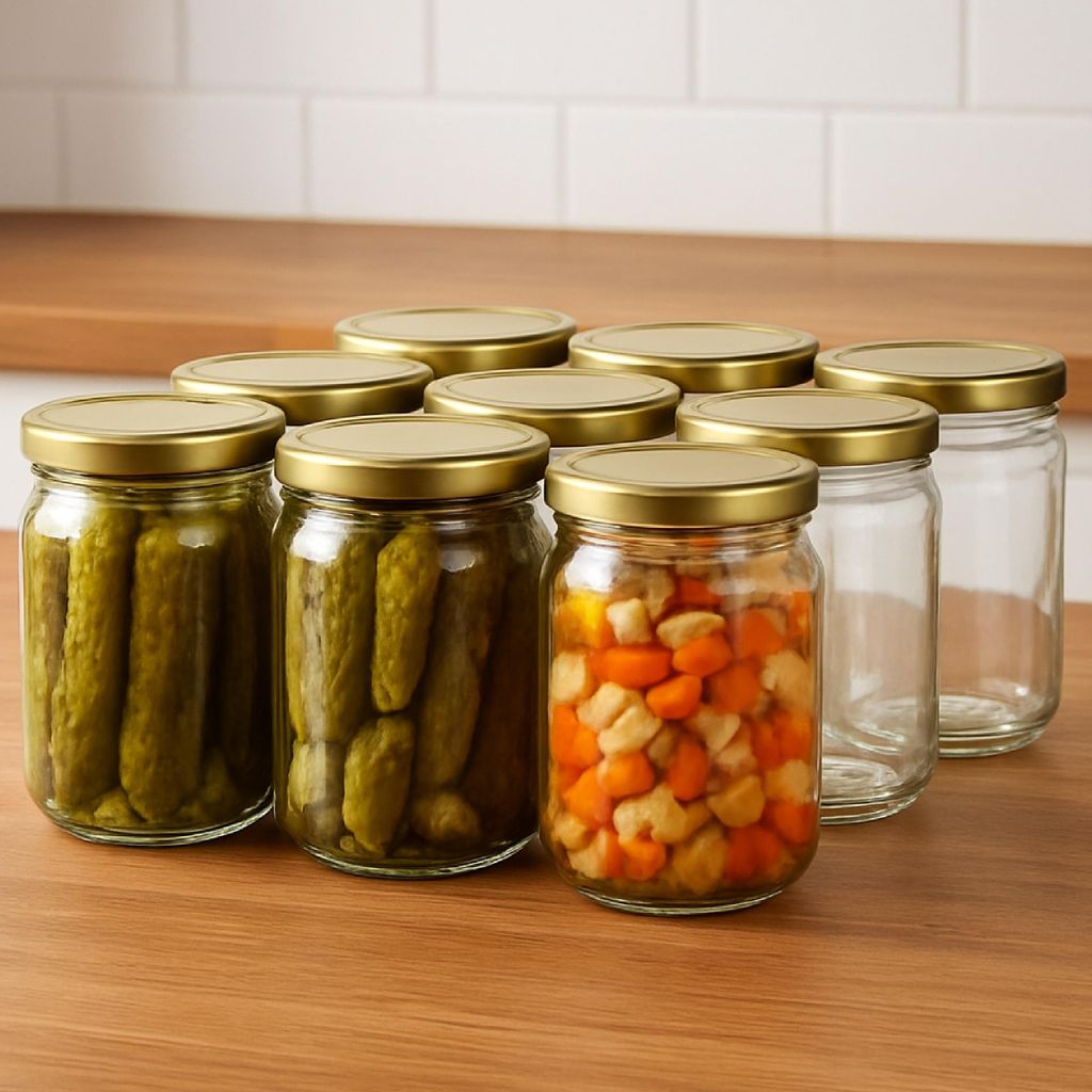 Several glass jars filled with pickles and chopped vegetables are arranged on a wooden surface in front of a tiled wall.