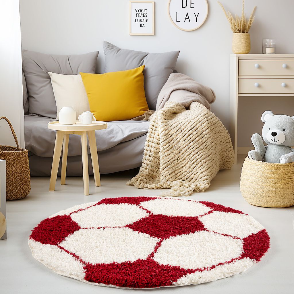 Kinder Spielteppich Fußball-Motiv Farbenfroh Waschbar Strapazierfähig | Rund Rot 120x120 cm Kinderzimmer Spielzimmer | MATREI – Kadima Design