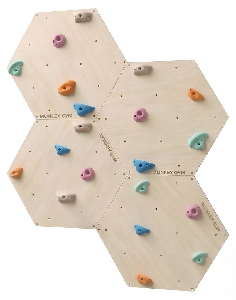 Sechseckige Indoor-Kletterwand Aus Sperrholz (4Er-Set) Mit 20 Weißen Klettergriffen – Wandmontage