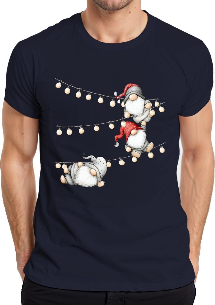 Weihnachtswichtel Gnome Lichterkette Weihnachten Geschenk Skandinavisch Herren T-Shirt, Navy, XL