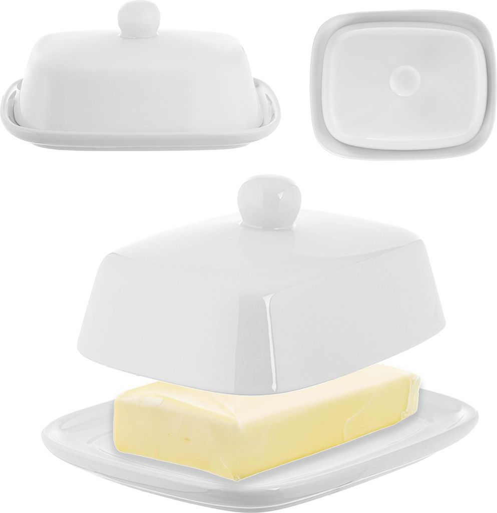 KADAX Butterdose aus Porzellan, 16,5 x 13 x 5 cm, weiße Butterschale mit Deckel und Griff, Aufbewahrungsdose für 250g Butter, Butterbehälter (We...